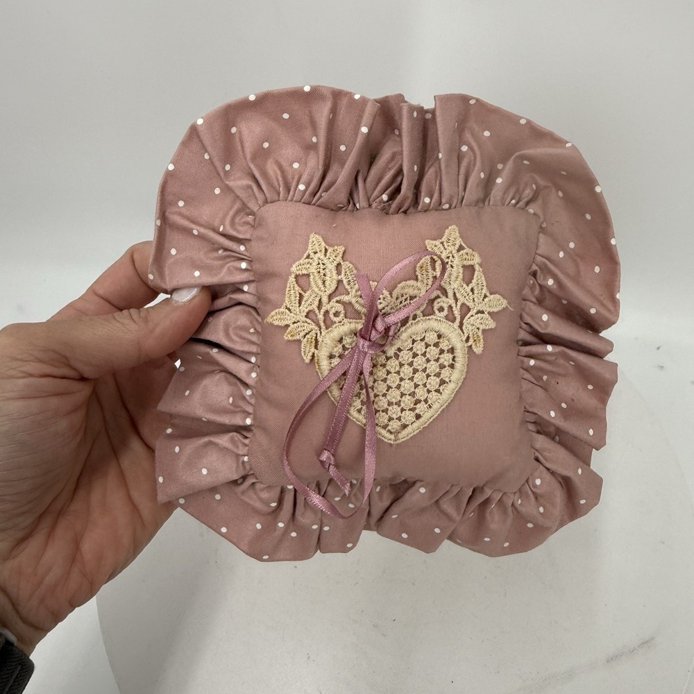 Vintage Mini Decorative Pillow Mauve Polka Dot Ruffle Lace Heart Cottage Decor